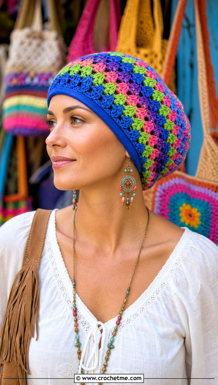 Granny Stitch Crochet Chemo Hat With Boho Outfit - 20 Easy Crochet Chemo Hats outfit ideas