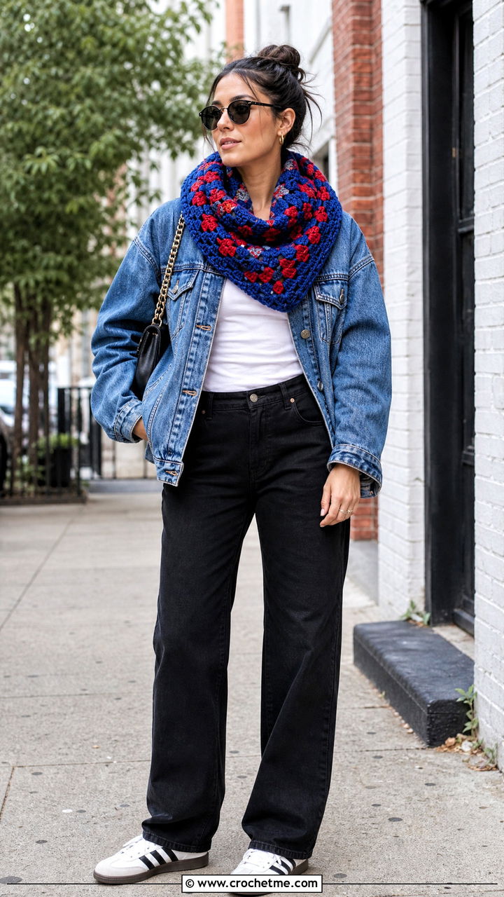 Granny Stitch Crochet Cowl Scarf With Denim Jacket - 35 crochet cowell scarf outfit ideas