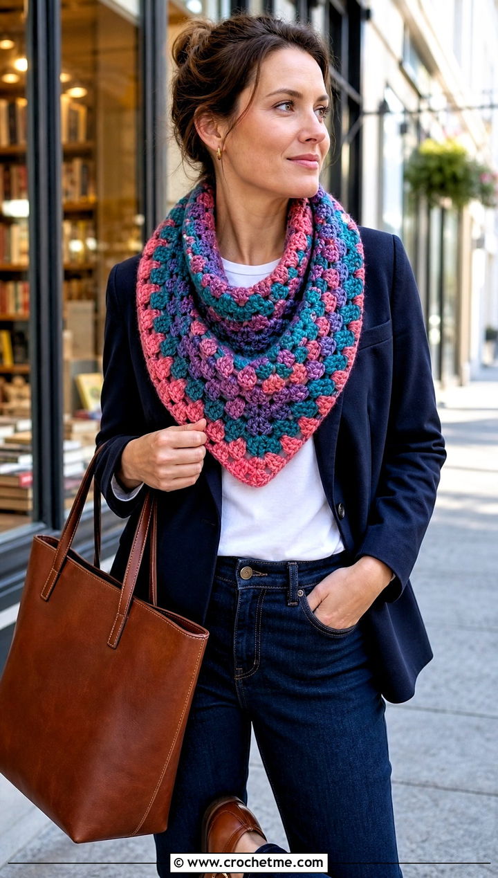 Granny Stitch Crochet Cowl Shawl With Blazer - 20 crochet cowl shawl outfit ideas