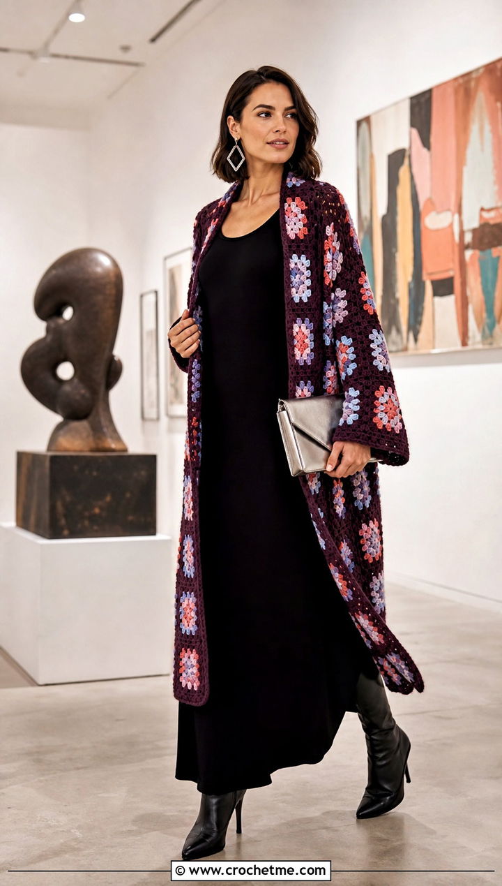 Granny Stitch Crochet Drape Cardigan With Black Maxi Dress - 15 Crochet Drape Cardigan outfit ideas