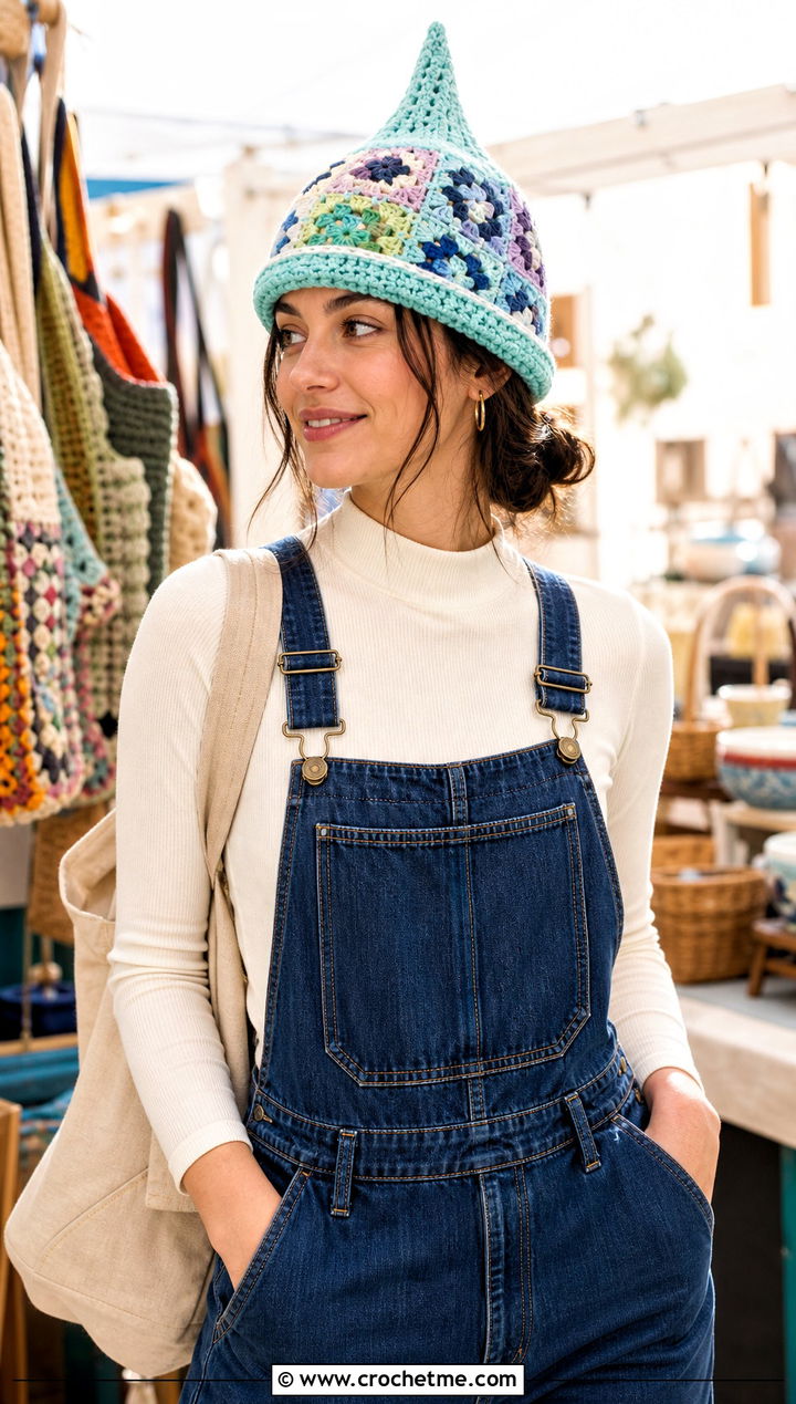 Granny Stitch Crochet Elphaba Hat With Denim Overalls - 20 Crochet Elphaba Hat outfit ideas