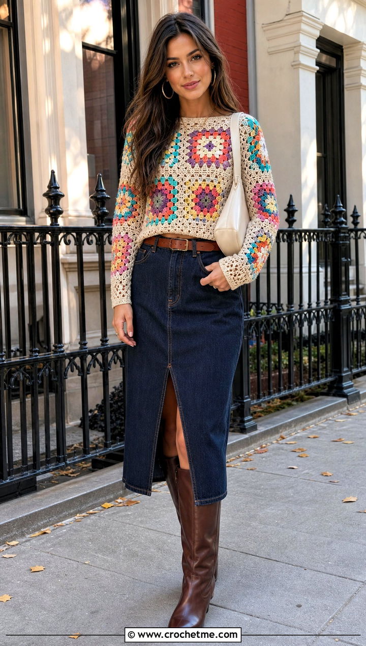 Granny Stitch Crochet Fitted Sweater With Denim Midi Skirt - 30 crochet fitted sweater outfit ideas