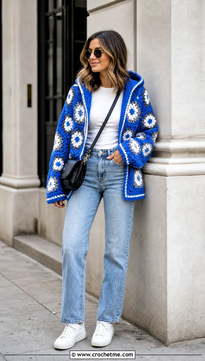 Granny Stitch Crochet Hexagon Cardigan With Hood And Straight Leg Jeans - 25 Crochet Hexagon Cardigan With Hood outfit ideas