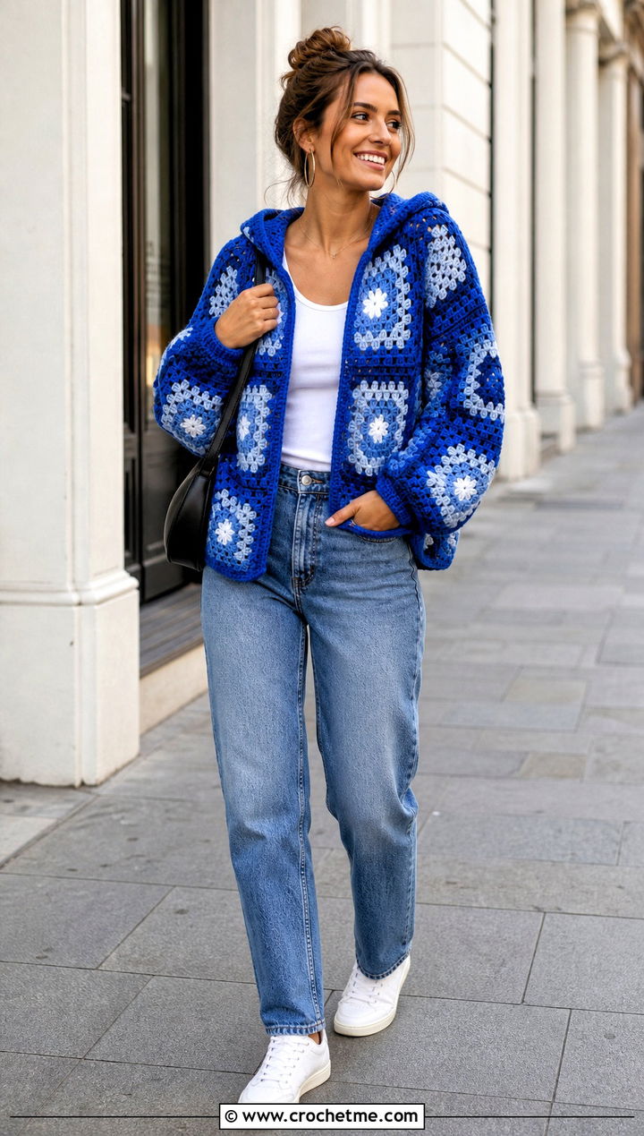 Granny Stitch Crochet Hexagon Hoodie With Straight Leg Jeans - 30 crochet hexagon hoodie outfit ideas