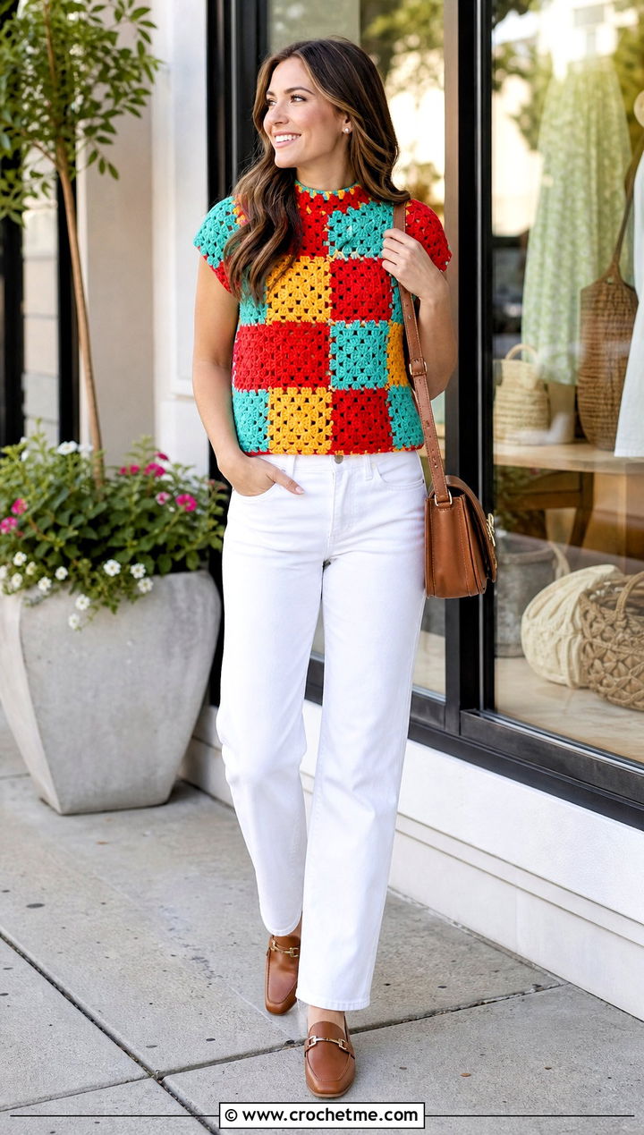 Granny Stitch Crochet High Neck Top With White Jeans - 35 crochet high neck top outfit ideas