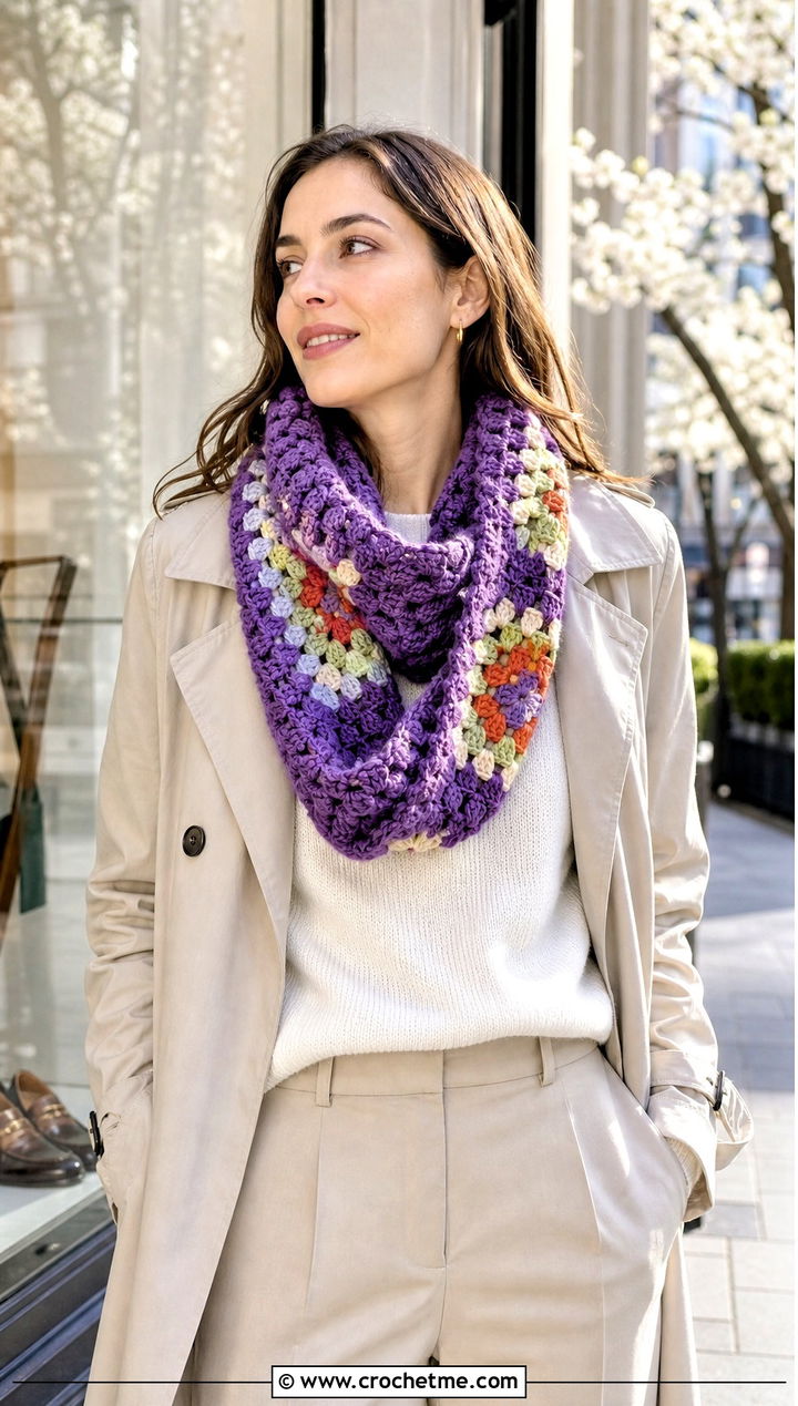 Granny Stitch Crochet Infinity Scarf With Trench Coat - 30 crochet infinity scarves outfit ideas