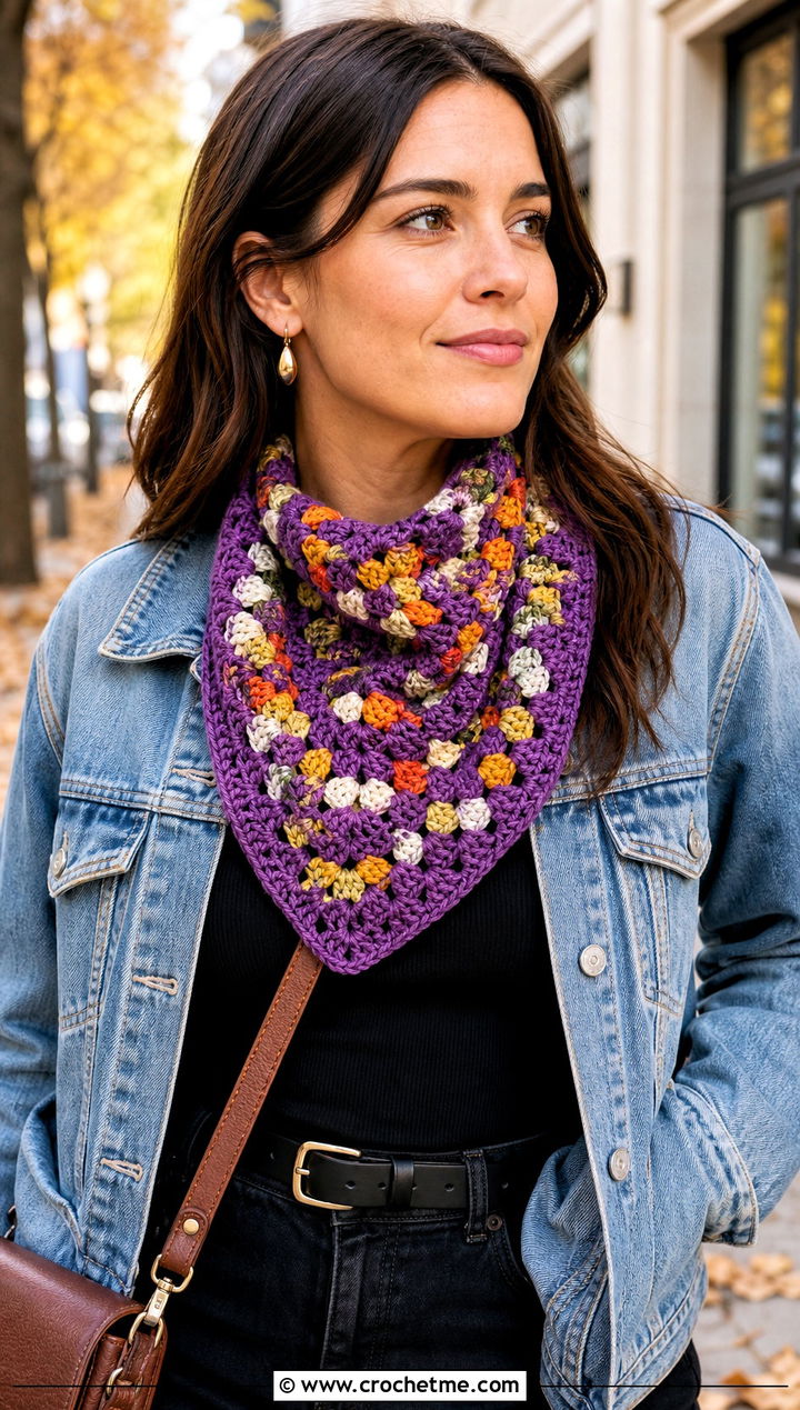 Granny Stitch Crochet Kerchief With Denim Jacket - 30 mini crochet scarf outfit ideas