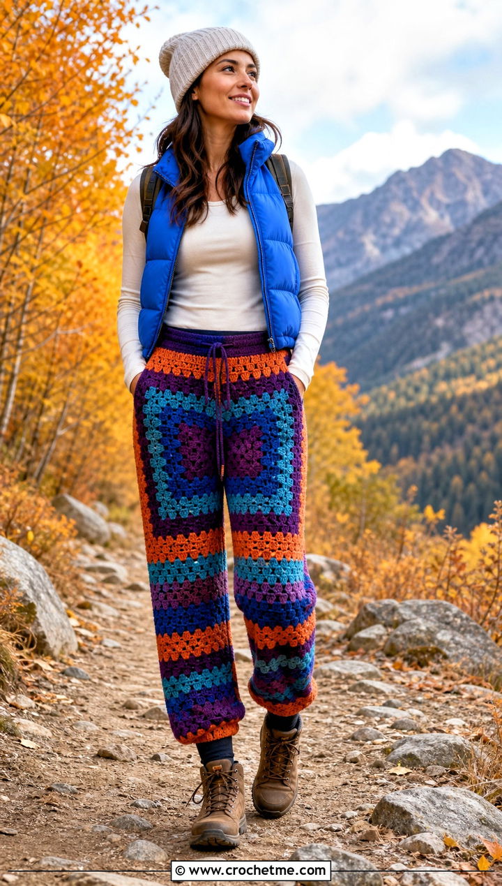 Granny Stitch Crochet Long Pants With Puffer Vest - 30 Crochet Long Pants outfit ideas