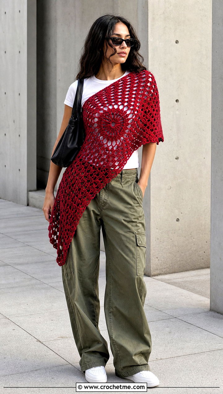 Granny Stitch Crochet Mandala Shawl With Cargo Pants - 25 Crochet Mandala Shawl outfit ideas
