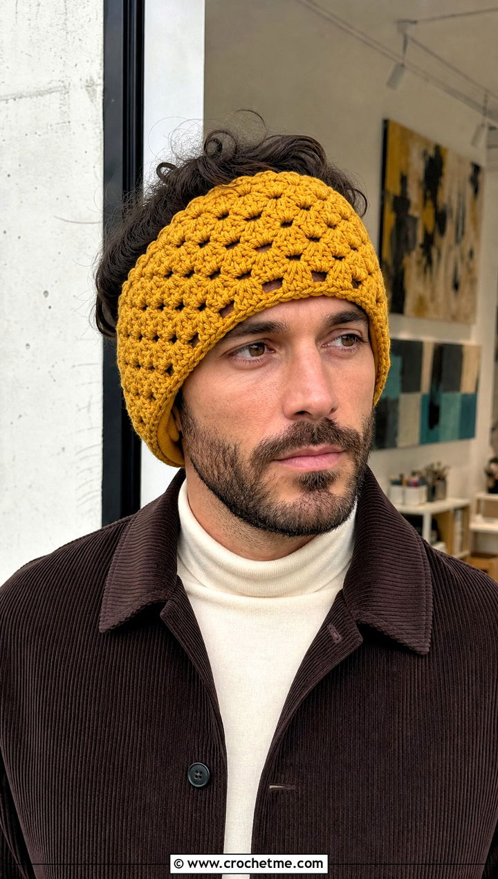 Granny Stitch Crochet Mens Ear Warmer With Corduroy Jacket - 25 Crochet Mens Ear Warmer outfit ideas
