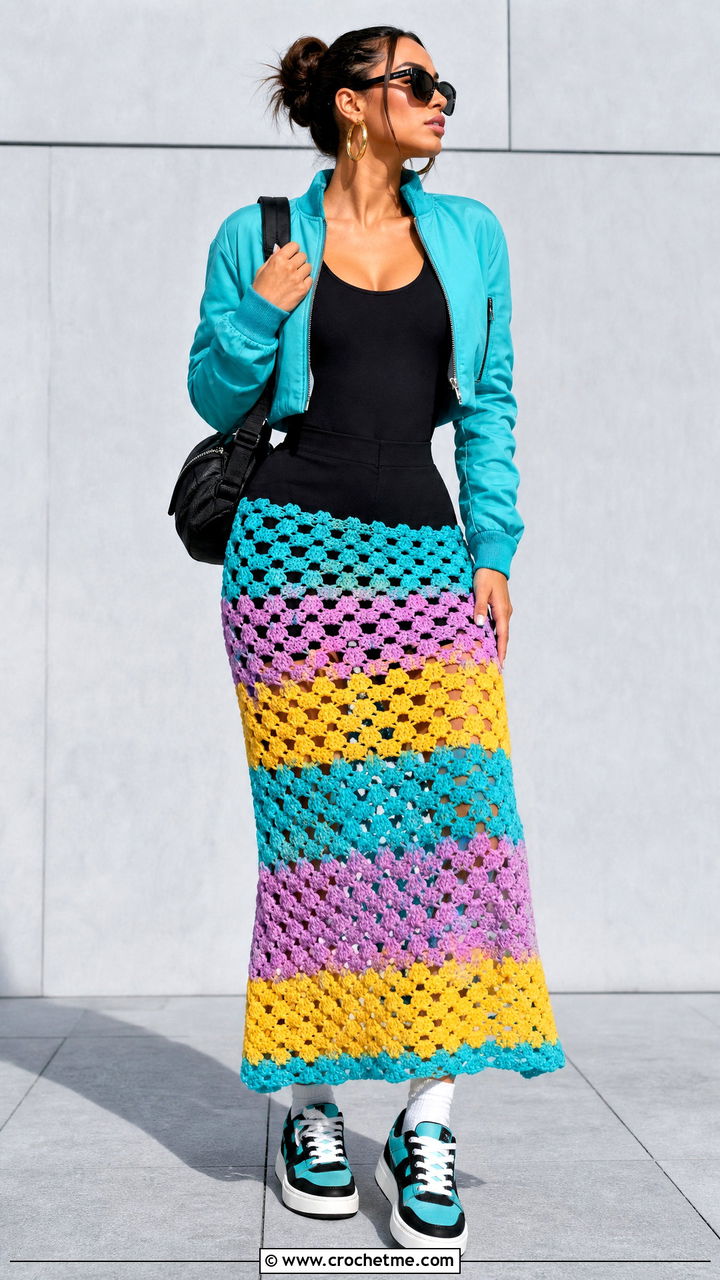 Granny Stitch Crochet Mesh Skirt With Bomber Jacket - 35 crochet mesh skirt outfit ideas