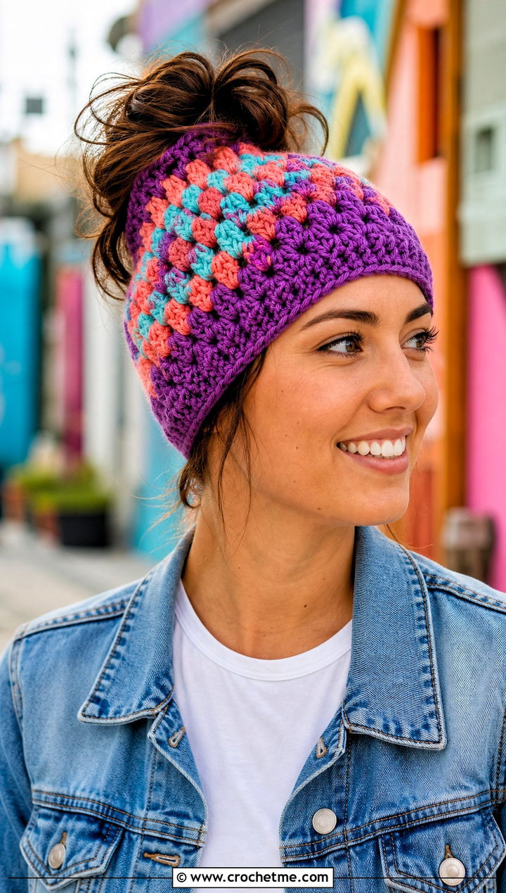 Granny Stitch Crochet Messy Bun Hat With Elastic And Denim Jacket - 25 Crochet Messy Bun Hat With Elastic outfit ideas