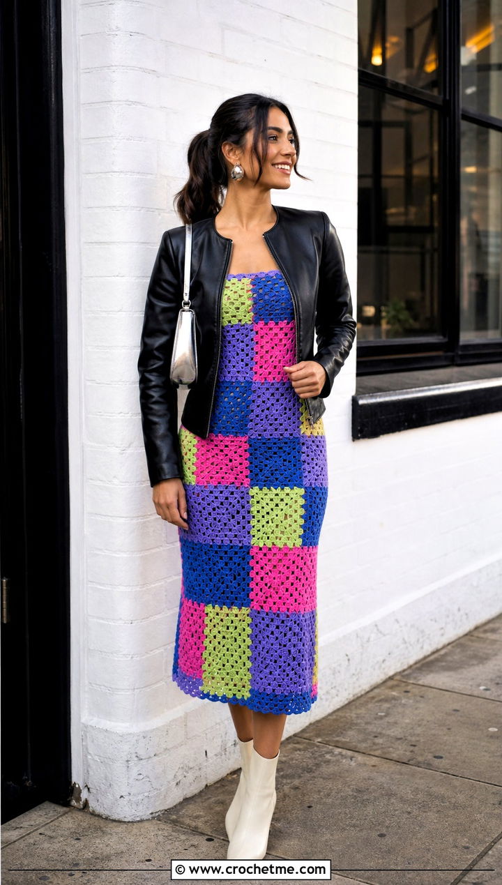 Granny Stitch Crochet Midi Dress With Leather Jacket - 25 crochet easter dress outfit ideas