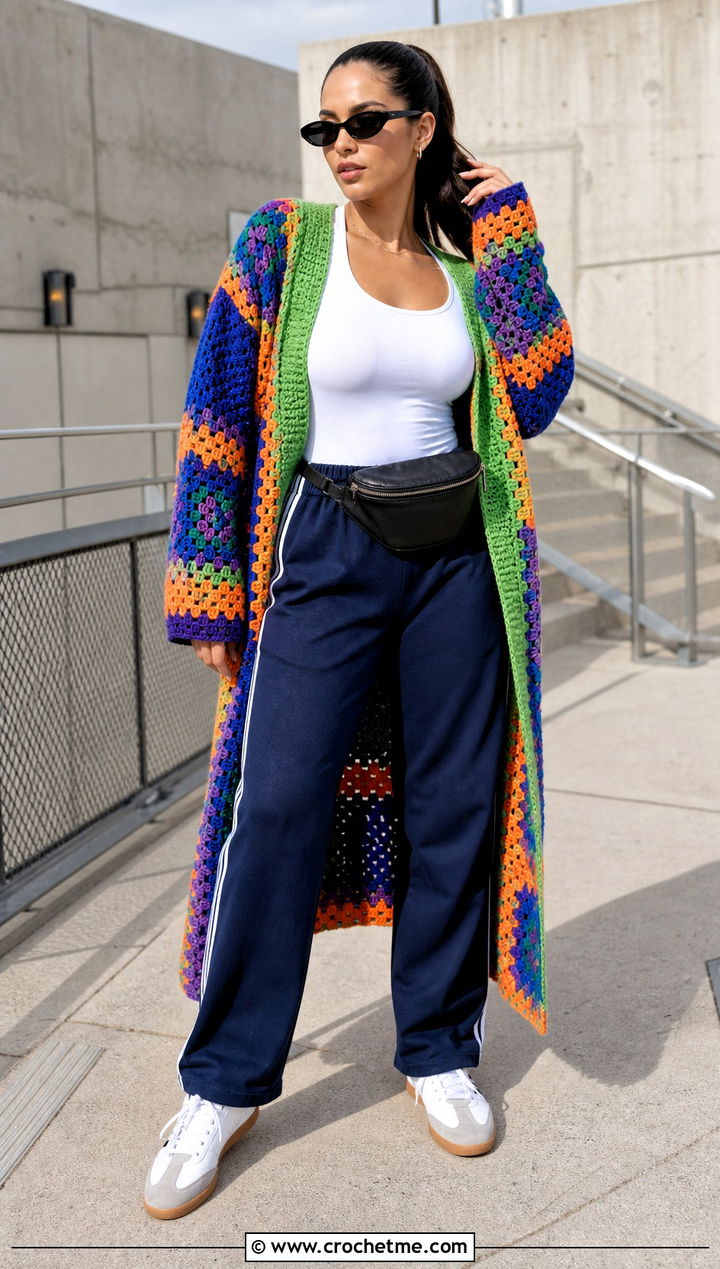 Granny Stitch Crochet One Piece Cardigan With Track Pants - 30 crochet one piece cardigan outfit ideas