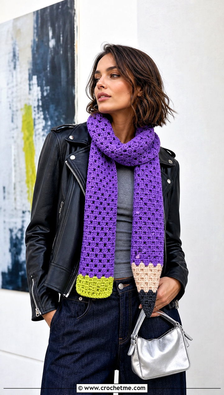 Granny Stitch Crochet Pencil Scarf With Leather Jacket - 25 Crochet Pencil Scarf outfit ideas