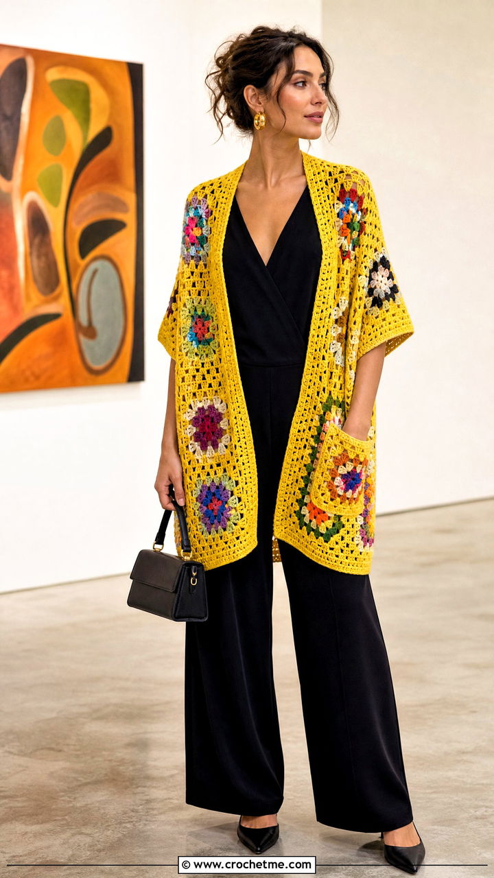 Granny Stitch Crochet Pocket Shawl With Black Jumpsuit - 35 crochet pocket shawl outfit ideas