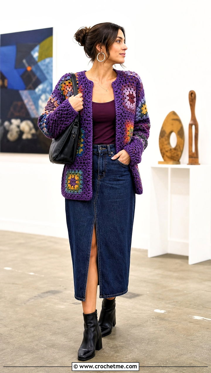 Granny Stitch Crochet Raglan Sweater With Denim Skirt - 35 crochet raglan sweater outfit ideas