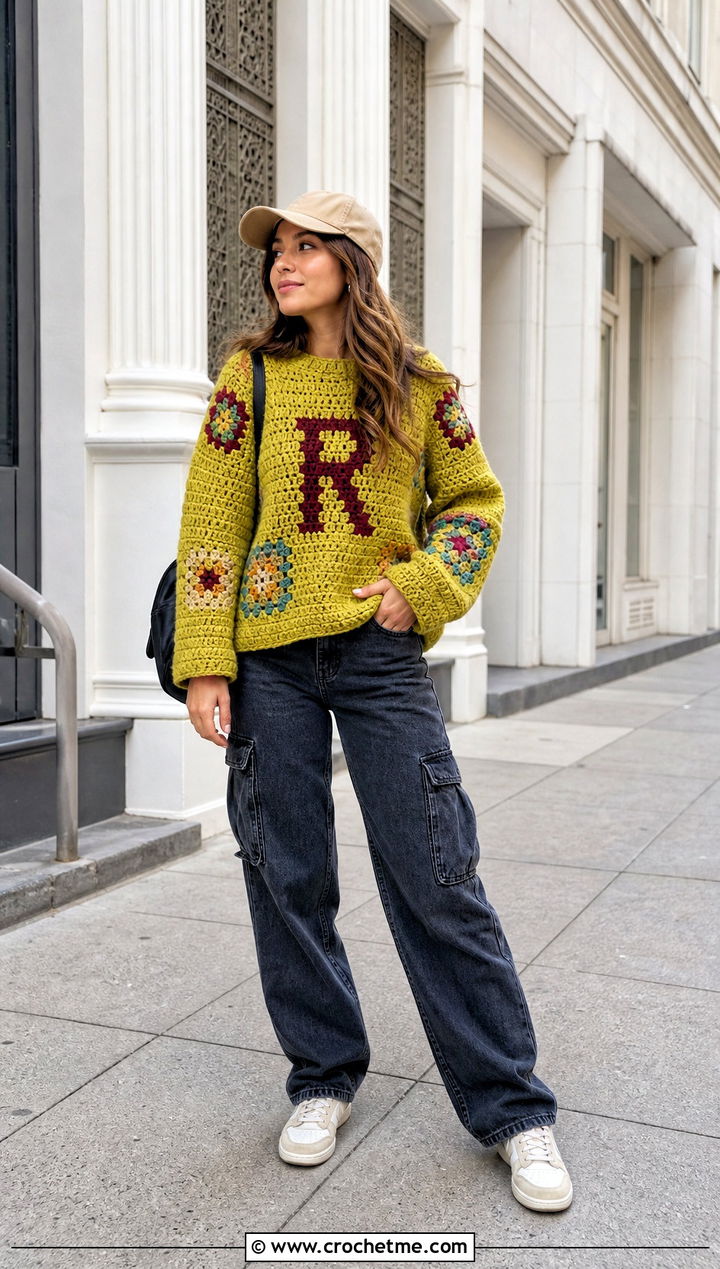 Granny Stitch Crochet Ron Weasley Sweater With Cargo Pants - 25 Crochet Ron Weasley Sweater outfit ideas
