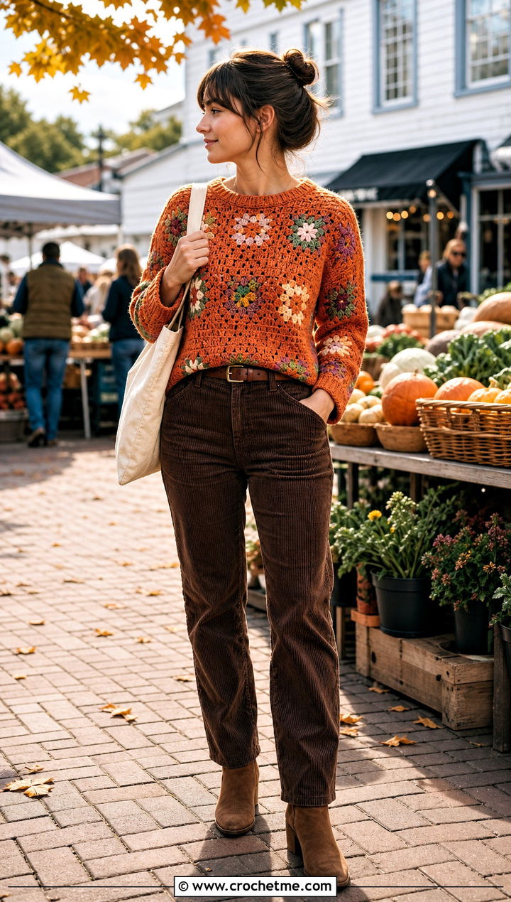 Granny Stitch Crochet Rory Gilmore Sweater With Corduroy Pants - 25 crochet rory gilmore sweater outfit ideas
