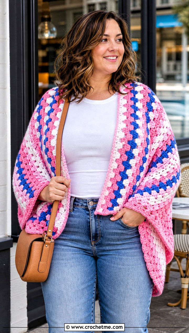 Granny Stitch Crochet Semi Circle Shawl With Jeans - 25 Crochet Semi Circle Shawl outfit ideas