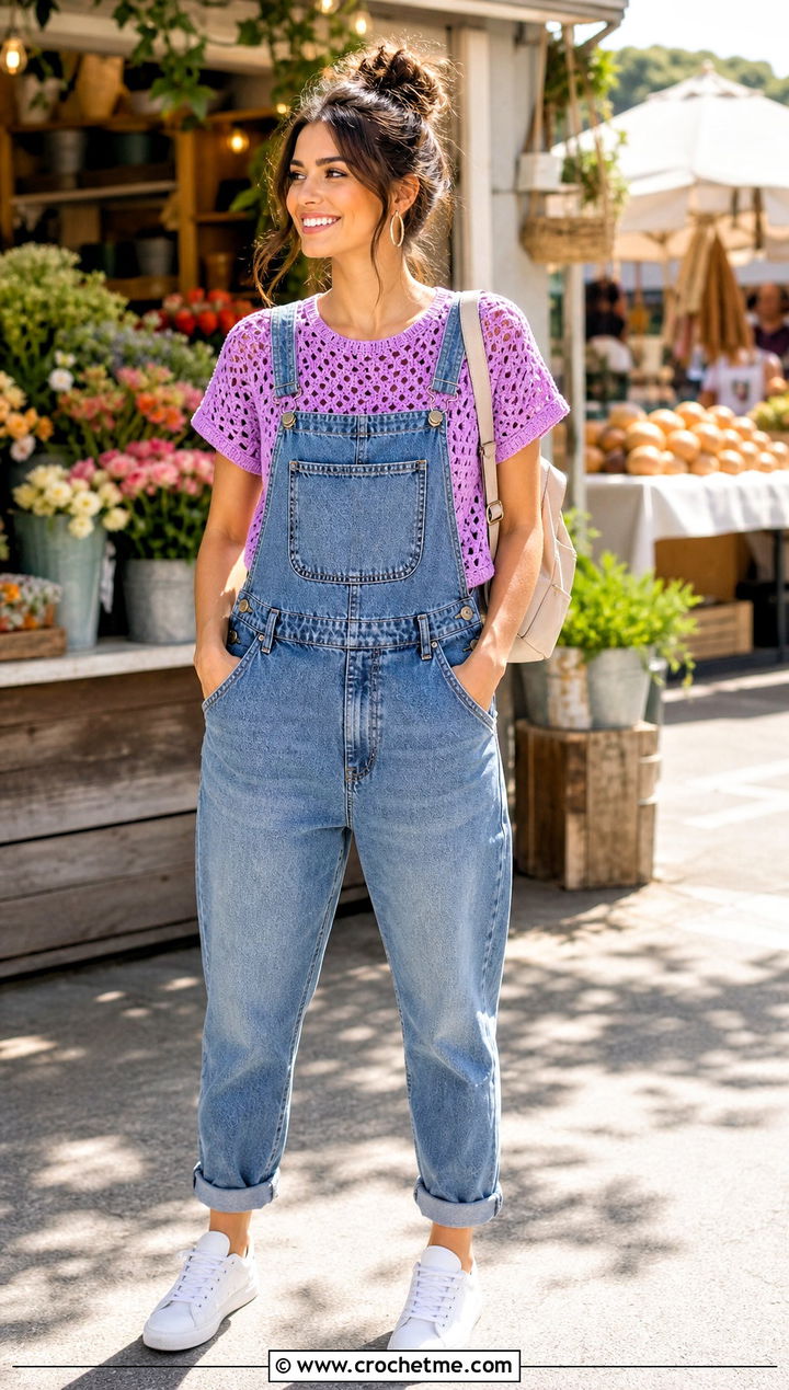 Granny Stitch Crochet Shirt With Denim Overalls - 35 crochet shirt women outfit ideas