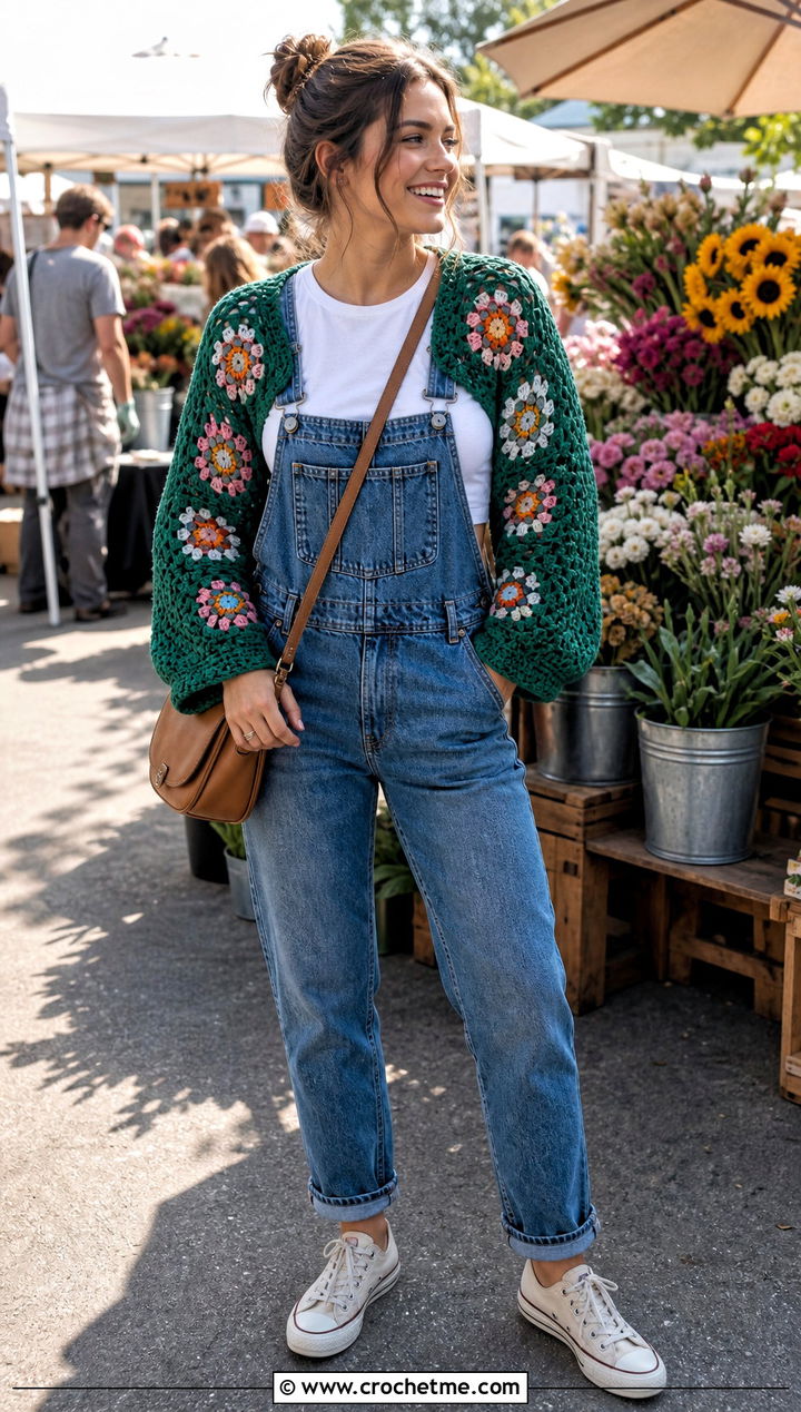 Granny Stitch Crochet Shrug With Denim Overalls - 25 Mini Crochet Sweater outfit ideas