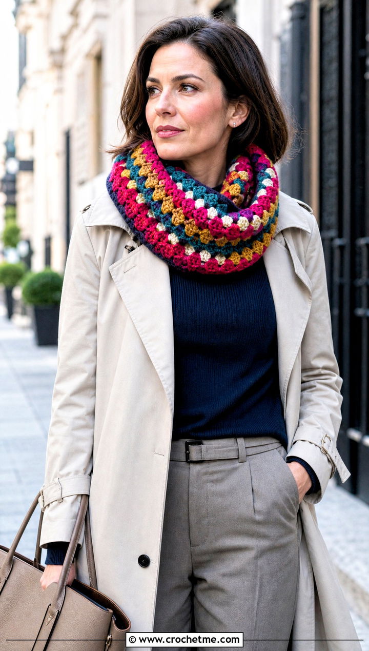Granny Stitch Crochet Snood Cowl With Trench Coat - 20 crochet snood cowl outfit ideas