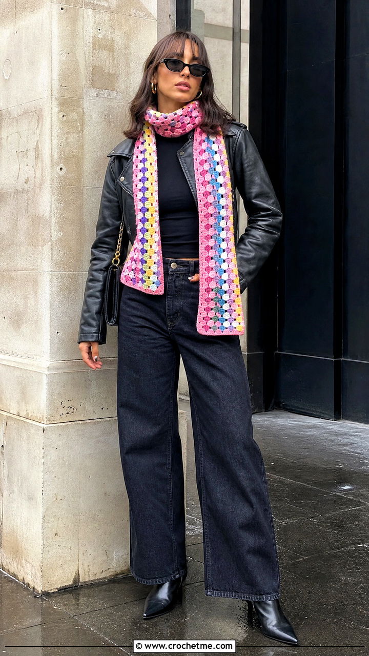 Granny Stitch Crochet Sophie Scarf With Leather Jacket And Jeans - 35 crochet sophie scarf outfit ideas