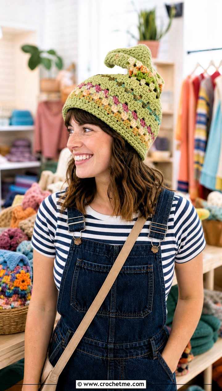 Granny Stitch Crochet Sorting Hat With Overalls - 35 crochet sorting hat outfit ideas