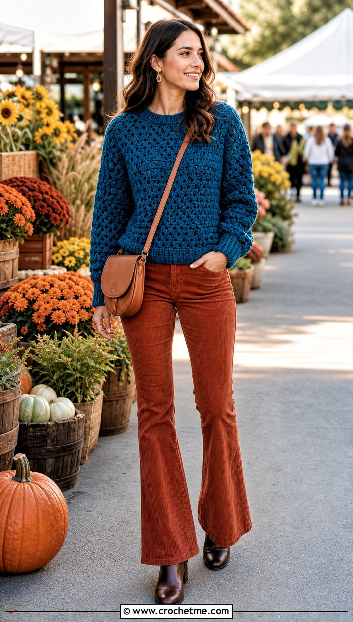 Granny Stitch Crochet Sweater With Corduroy Pants - 35 easy crochet sweaters outfit ideas