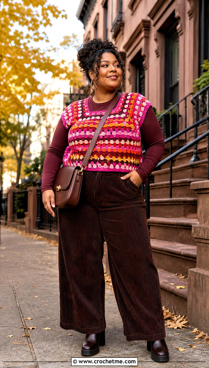 Granny Stitch Crochet Top With Corduroy Pants - 35 plus size crochet top outfit ideas