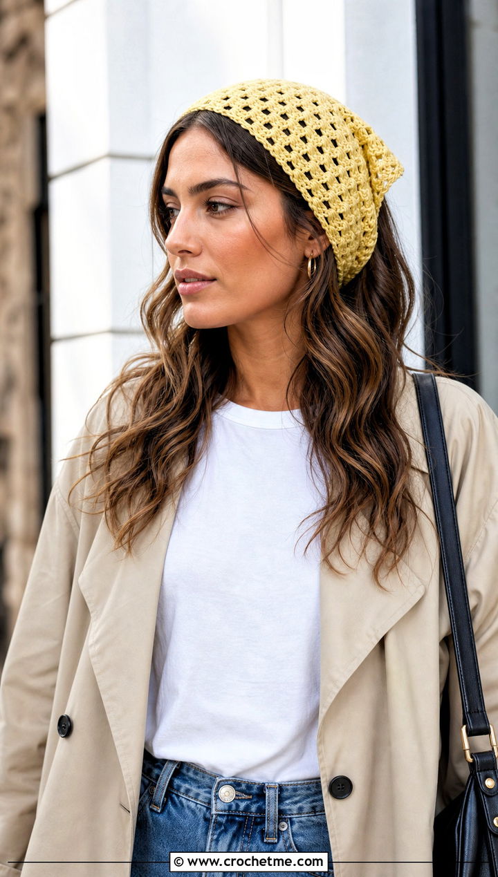 Granny Stitch Crochet Triangle Hair Scarf With White Tee And Jeans - 25 crochet triangle hair scarf outfit ideas