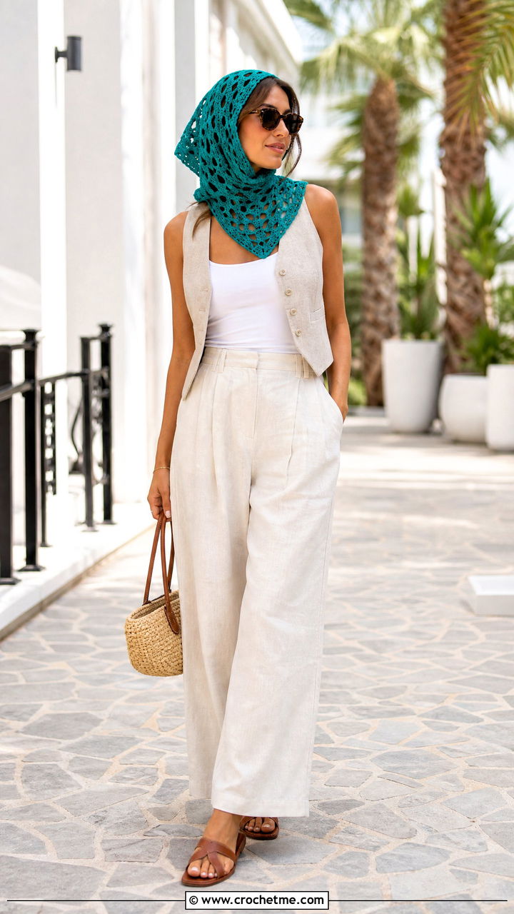 Granny Stitch Crochet Triangle Headscarf With Vest And Linen Trousers - 35 crochet triangle scarf outfit ideas