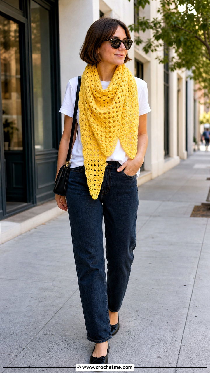 Granny Stitch Crochet Triangle Scarf With White Tee And Jeans - 35 crochet triangle scarf outfit ideas