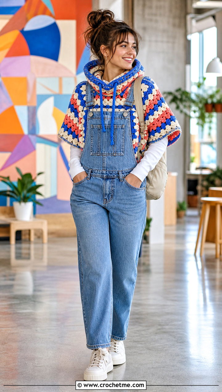 Granny Stitch Crochet Turtleneck Hoodie With Denim Overalls - 35 crochet turtleneck hoodie outfit ideas