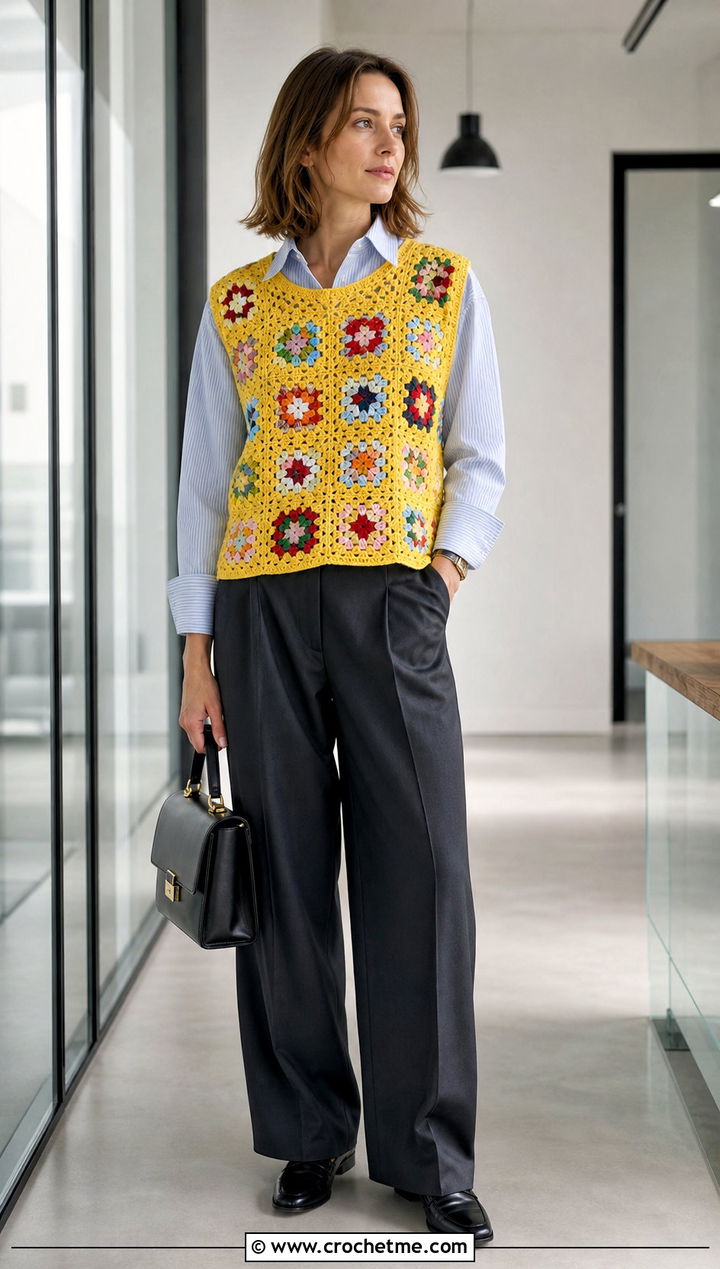 Granny Stitch Crochet Vest With Tailored Trousers - 15 Crochet Stitches Clothes and outfit ideas