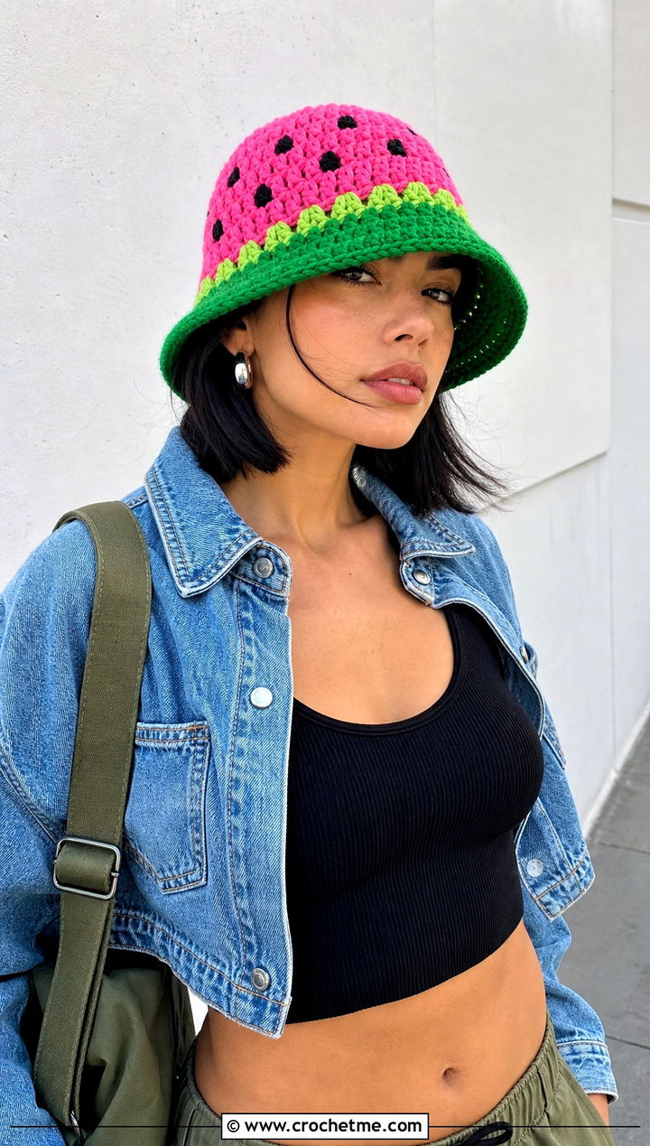 Granny Stitch Crochet Watermelon Bucket Hat With Denim Jacket And Cargo Pants - 30 crochet watermelon bucket hat outfit ideas
