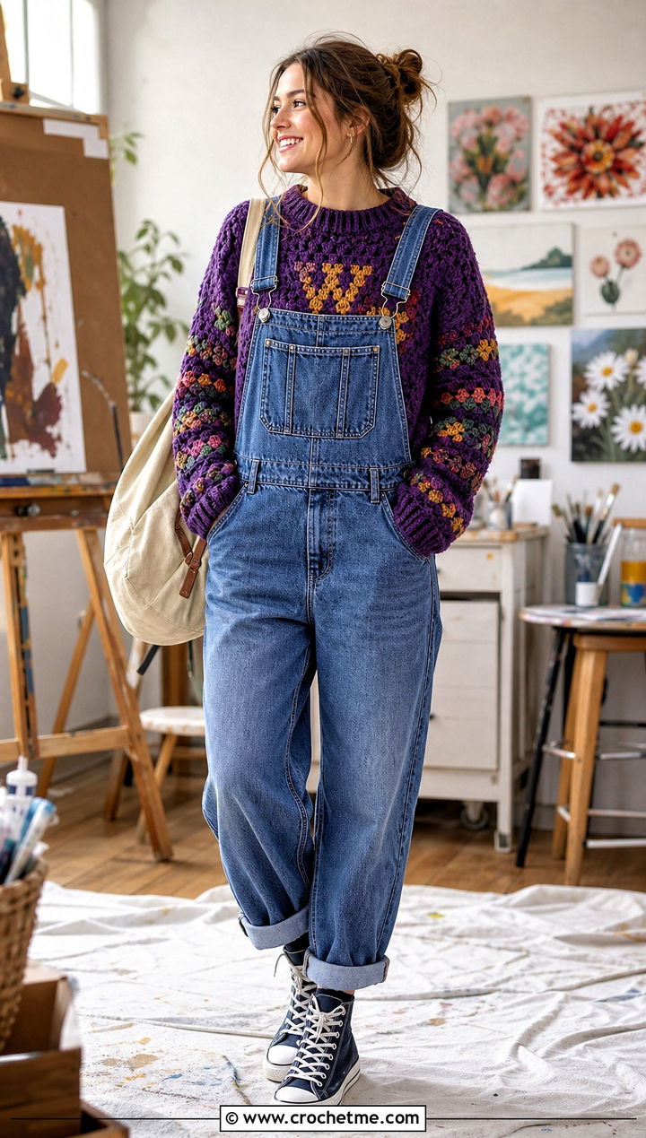 Granny Stitch Crochet Weasley Sweater With Denim Overalls - 35 crochet weasley sweater outfit ideas