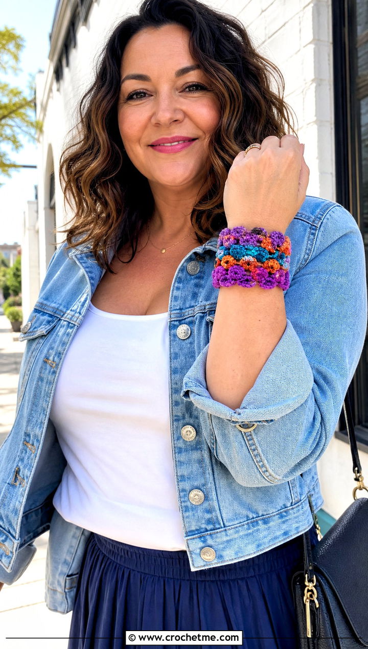 Granny Stitch Crochet Wrap Bracelet With Denim Jacket and Midi Skirt - 35 crochet wrap bracelet outfit ideas