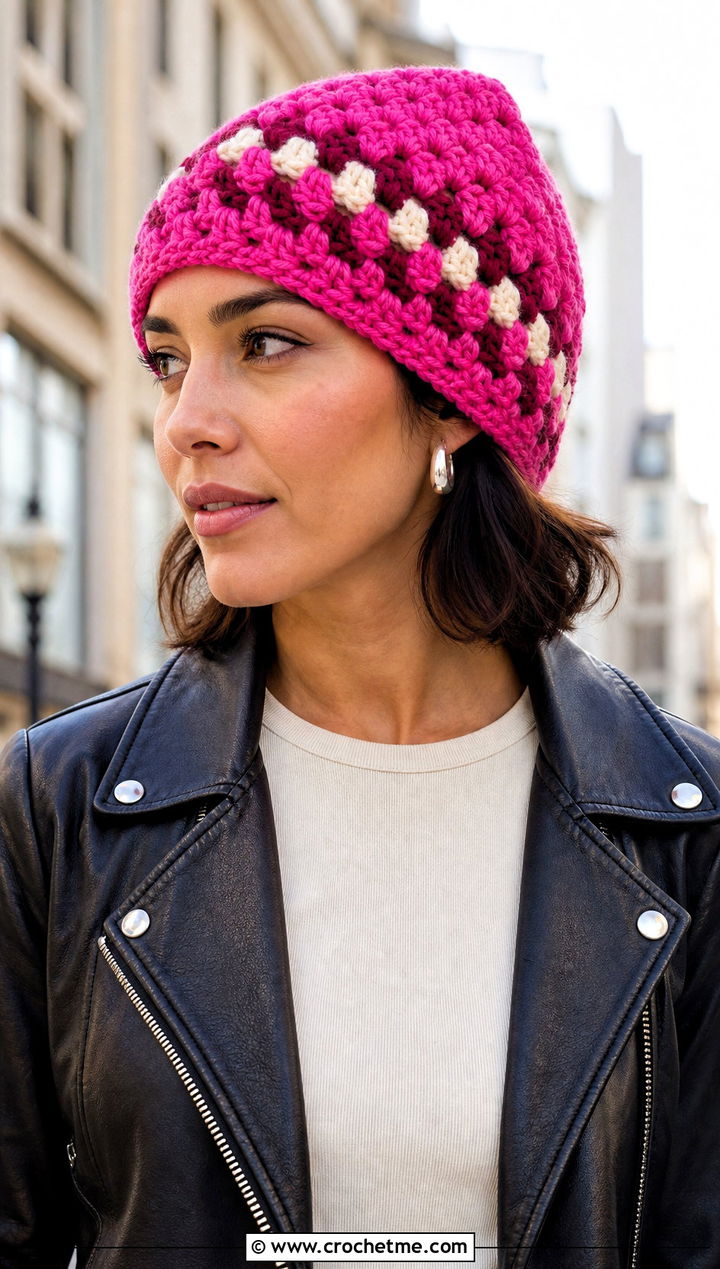 Granny Stitch Crocheted Stocking Cap With Leather Jacket - 15 Crocheted Stocking Cap outfit ideas