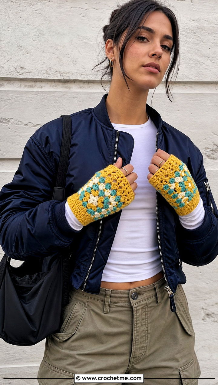 Granny Stitch DK Yarn Crochet Fingerless Gloves With Cargo Pants - 25 dk yarn crochet fingerless gloves outfit ideas