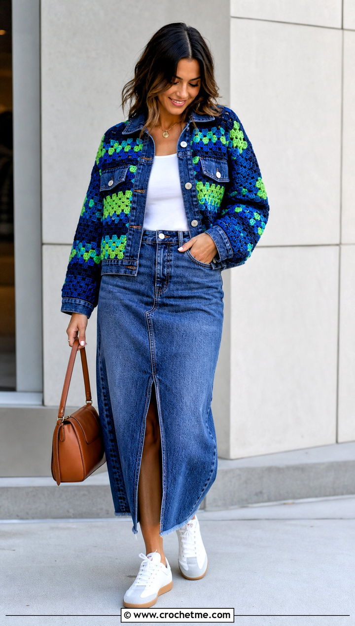 Granny Stitch Denim Jacket With Denim Midi Skirt - 30 crochet denim jacket outfit ideas