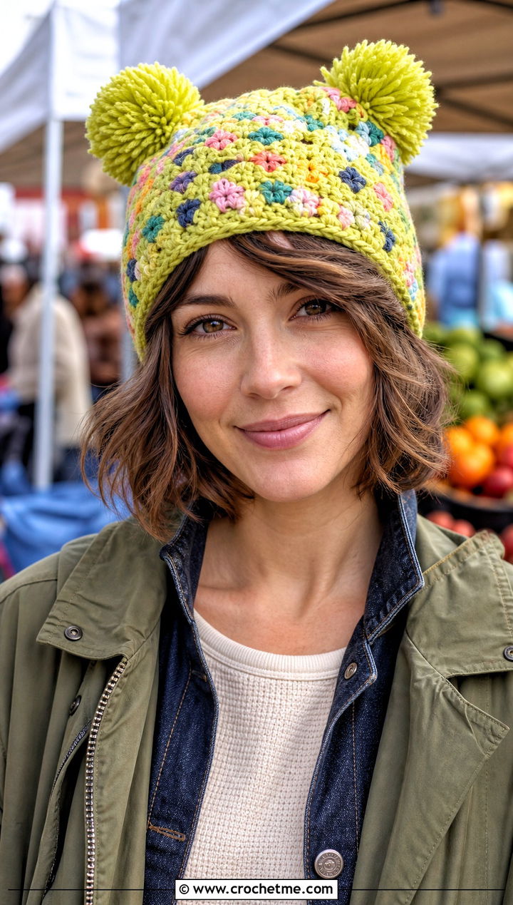 Granny Stitch Double Pom Pom Hat With Utility Jacket - 25 Crochet Double Pom Pom Hat outfit ideas
