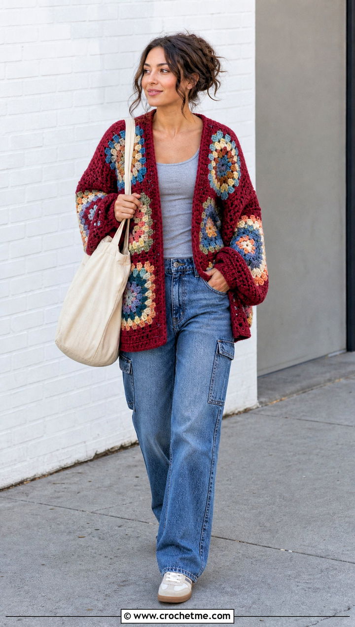 Granny Stitch Dream Catcher Cardigan With Carpenter Jeans - 25 dream catcher crochet cardigan outfit ideas
