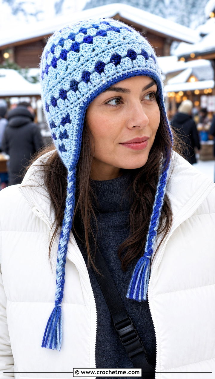 Granny Stitch Earflap Hat With Puffer Jacket - 25 granny stitch crochet hat outfit ideas