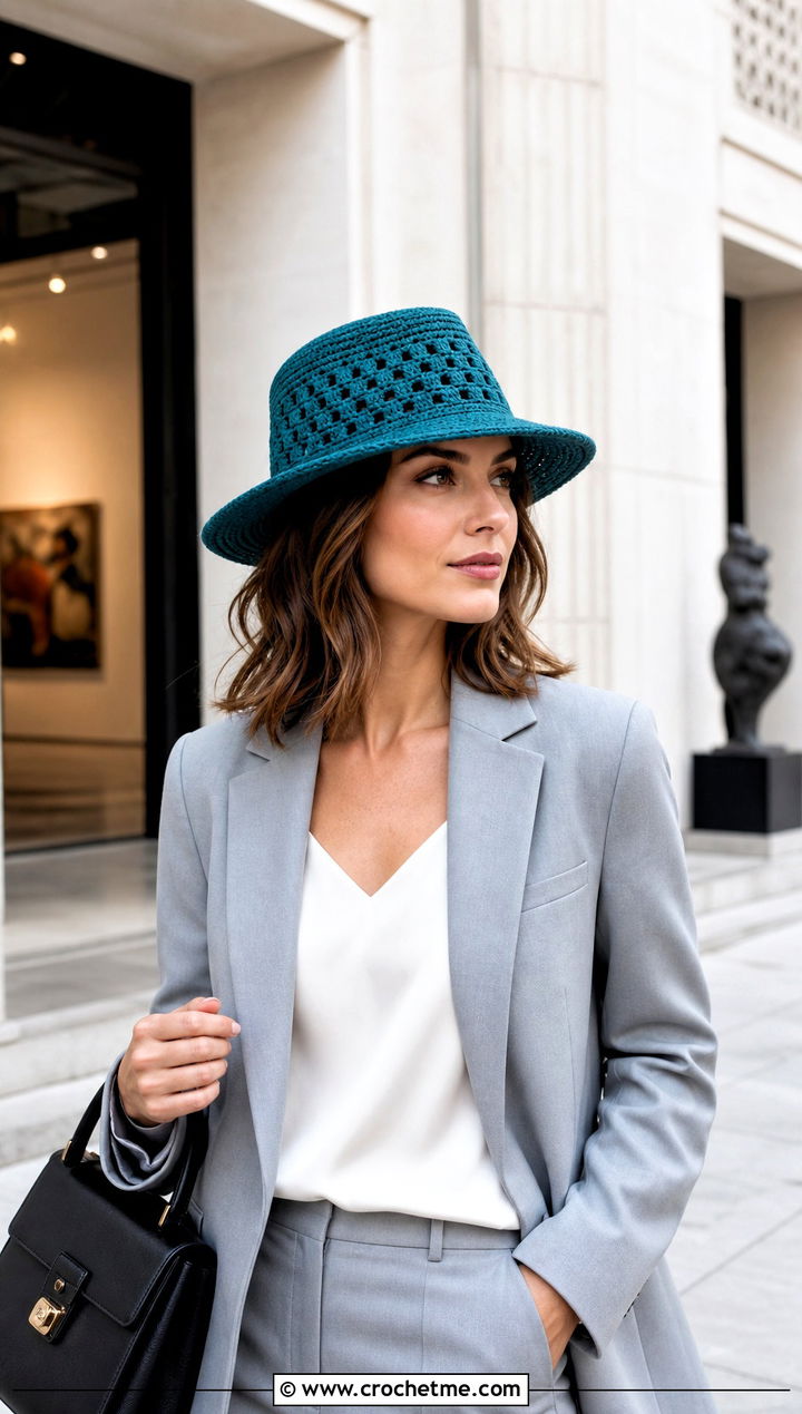 Granny Stitch Fedora Hat With Tailored Suit - 25 granny stitch crochet hat outfit ideas