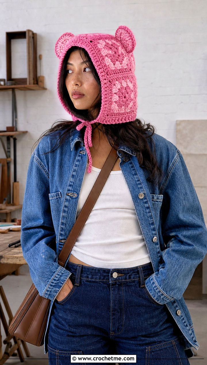 Granny Stitch Finn Crochet Hood With Double Denim - 15 Adventure Time Crochet Fin Hat outfit ideas