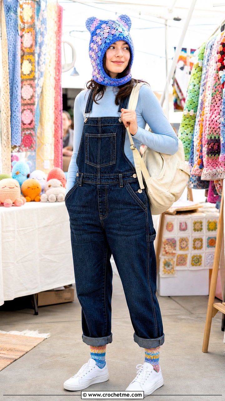 Granny Stitch Finn Hat With Overalls And Long Sleeve Tee - 35 crochet finn hat outfit ideas