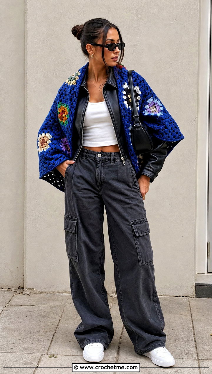 Granny Stitch Half Circle Crochet Shawl With Leather Jacket - 15 Half Circle Crochet Shawl outfit ideas