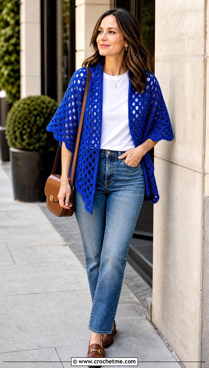 Granny Stitch Half Hexagon Shawl With Jeans - 20 Crochet Hexagon Shawl outfit ideas